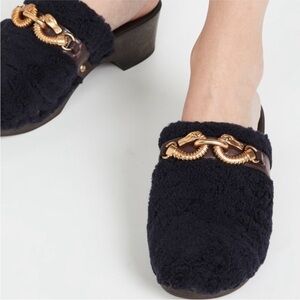 Tory Burch “Jessa” Clog With Horse Bit In Black Shearling Size 6.5